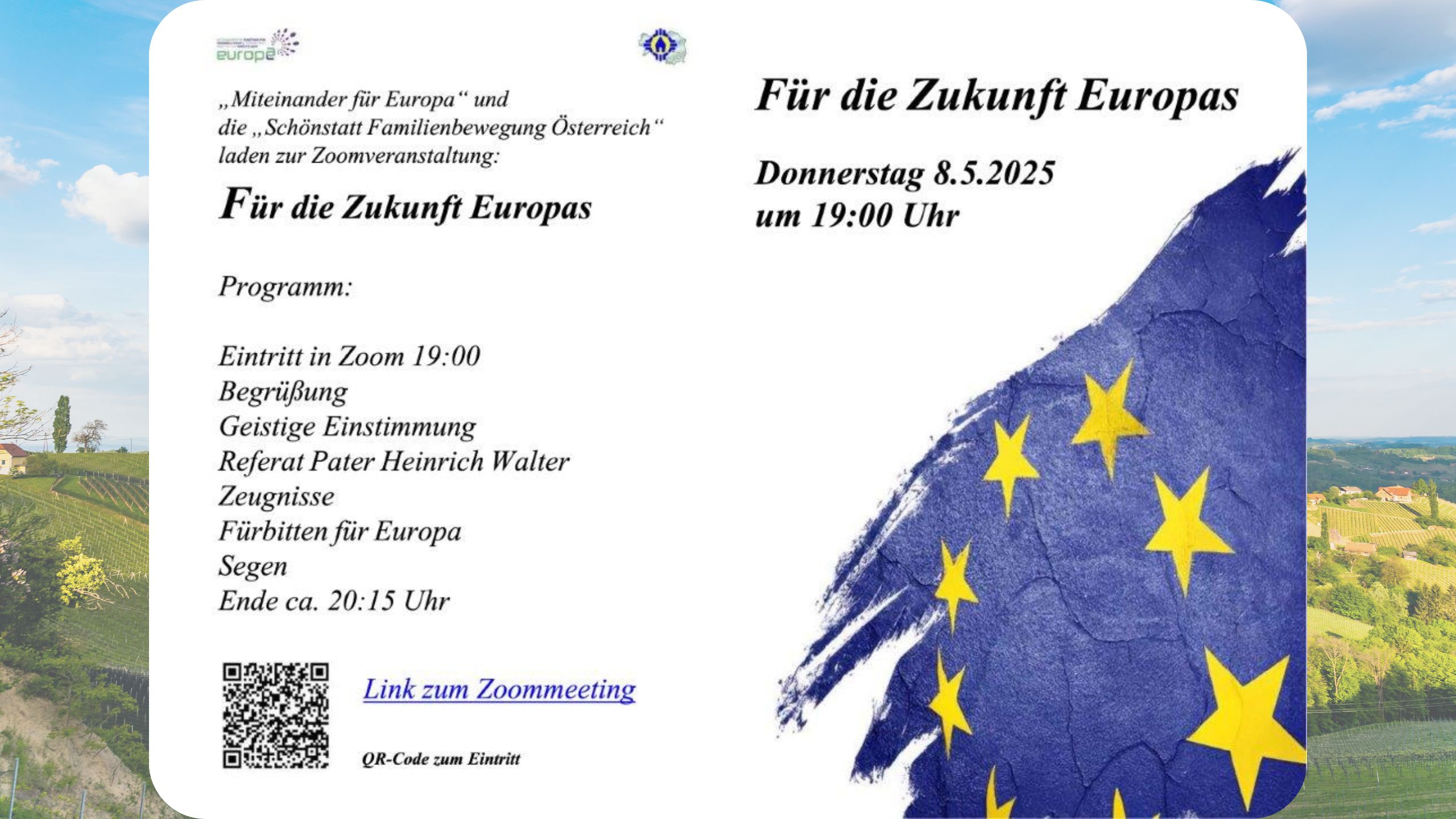 Invito Zoom per evento futuro europeo, 8 maggio 2025.