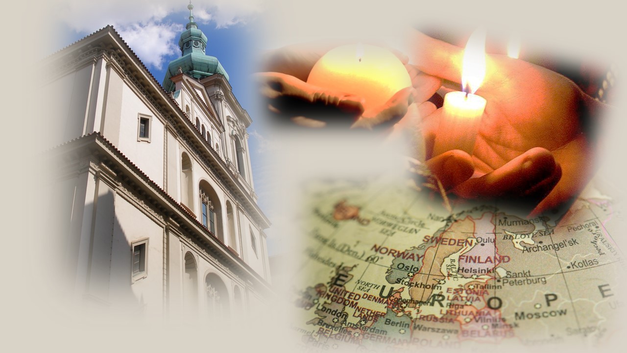 Chiesa barocca, mappa Europa, candele in mani.